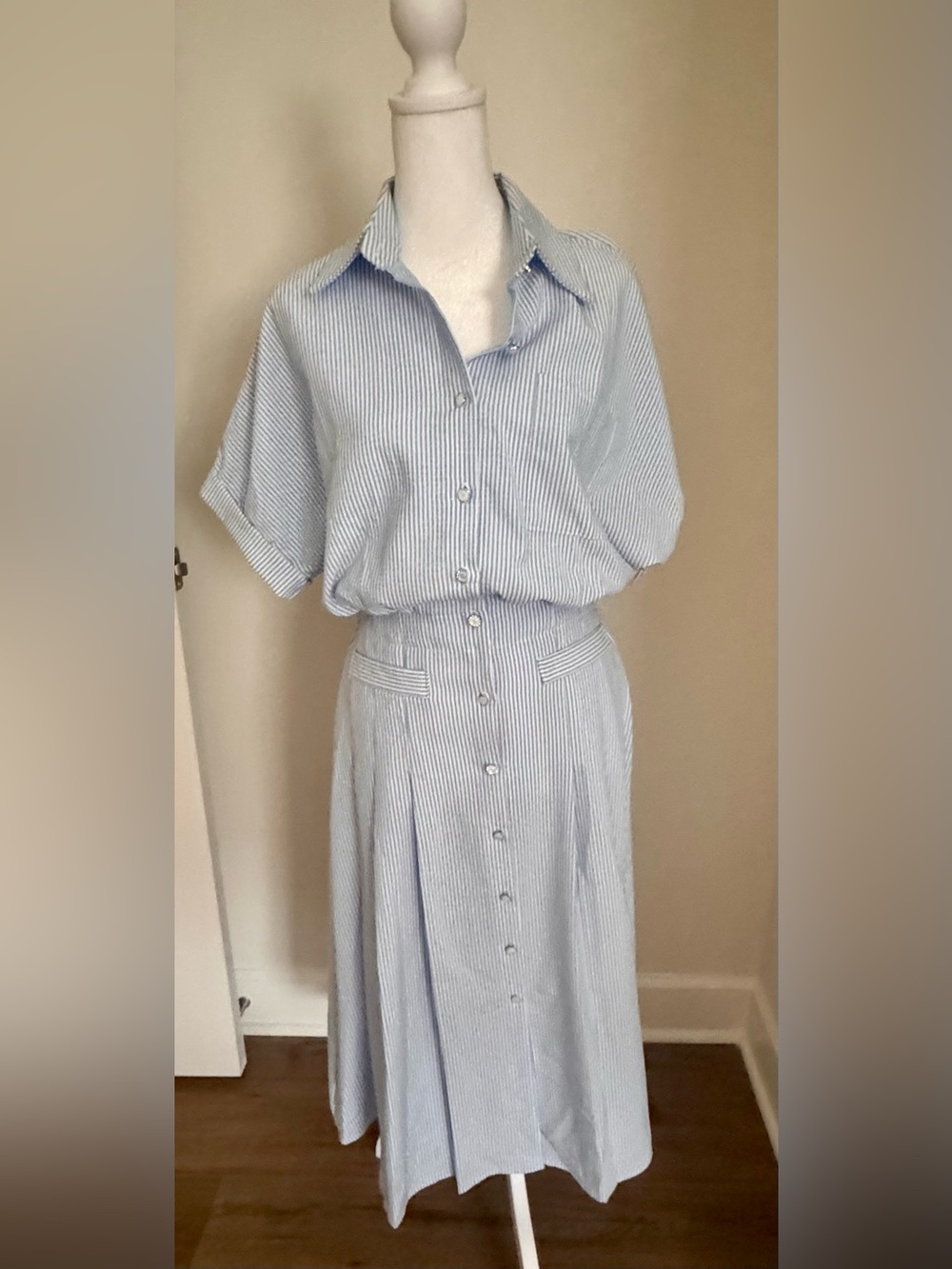 Light Blue & White Seersucker Striped Button-Front Dress